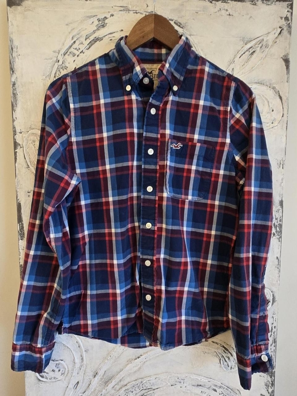 Hollister Red, Navy & Light Blue Plaid Button-Up Shirt